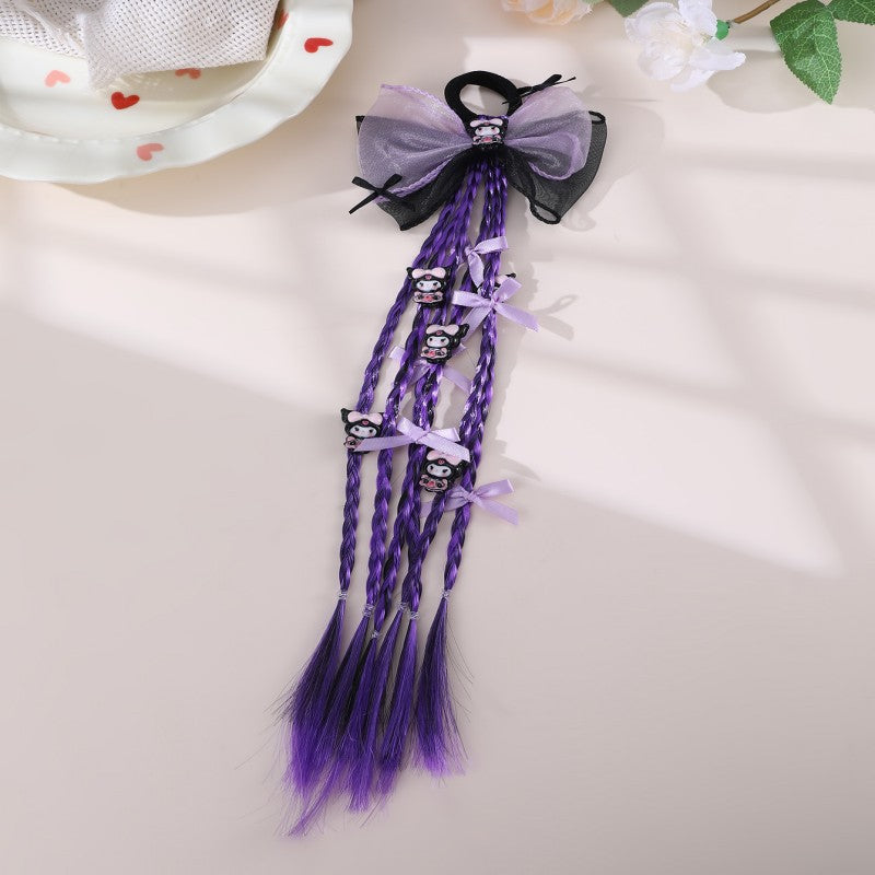 Cartoon Character Bow Hair Tie for Kids with Braided Design and Knitted Fabric Construction in Pastel Macaron Style