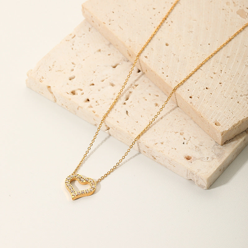 18K Gold Plated Stainless Steel Hollow Heart Pendant Necklace with Cubic Zirconia for Women
