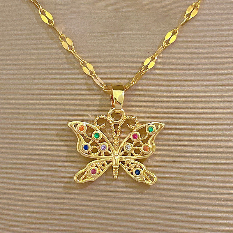 Luxury Butterfly Pendant Necklace for Women in Titanium Steel with Plated Finish, Geometric Design, Moon Motif, Adjustable Length Locket Chain