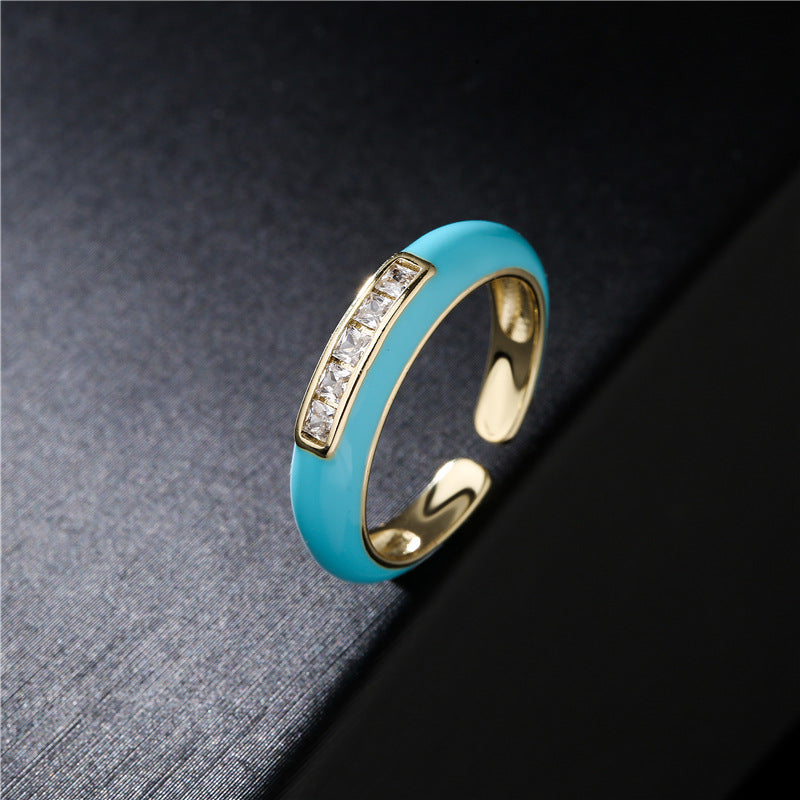 18K Gold Drip Oil Geometric Brass Micro-inlay Cubic Zirconia Ring for Women