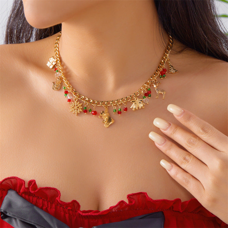 Collar con colgante de árbol de Navidad con campana y copo de nieve, estilo vintage, de aleación chapada con cadena en O, para mujer