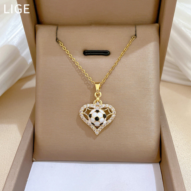 Sweet Sporty Heart Geometric Rhinestone Plated Titanium Steel Necklace with Cable Chain for Unisex