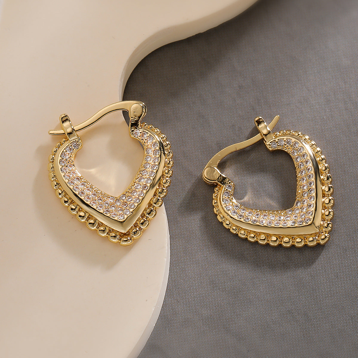 Minimalist Geometric Heart-Shaped Copper Earrings with 18K Gold Plating and Zircon Accents for Women