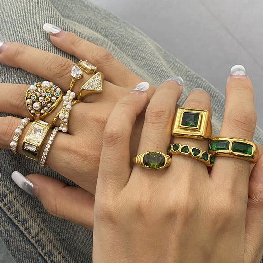 Anello geometrico in acciaio inossidabile con zirconi e perle, placcato, da donna, gioielli minimalisti alla moda