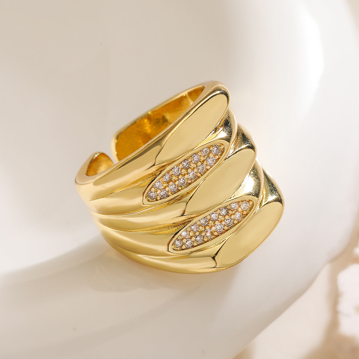 Minimalist Geometric Open Ring for Women in Brass with 18K Gold Plating and Zircon Inlay