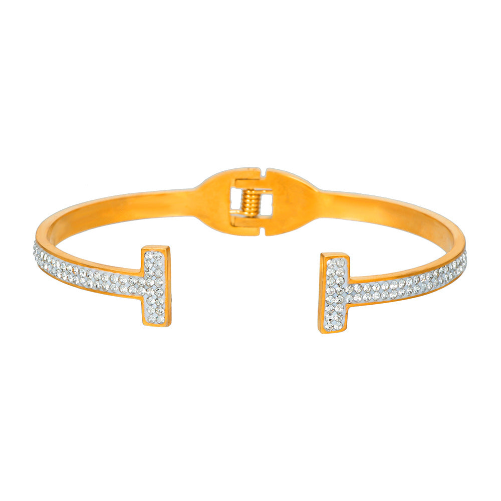 Minimalist Geometric Double-T Rhinestone Inlaid Titanium Steel Open Cuff Bracelet for Women