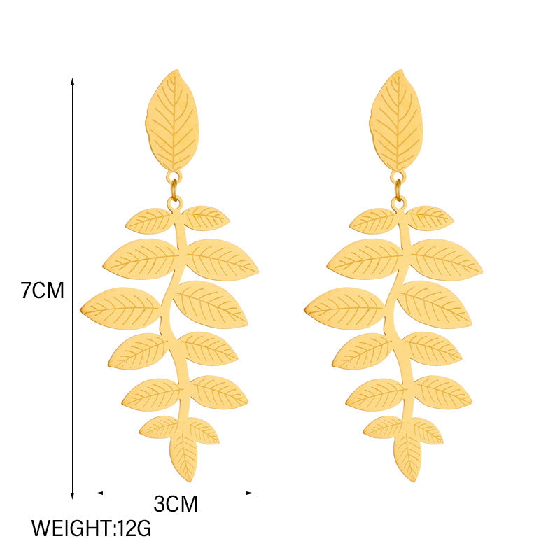 Vintage-Inspired Irregular Leaf-Shaped Titanium Steel Earrings with Gold Plating for Women