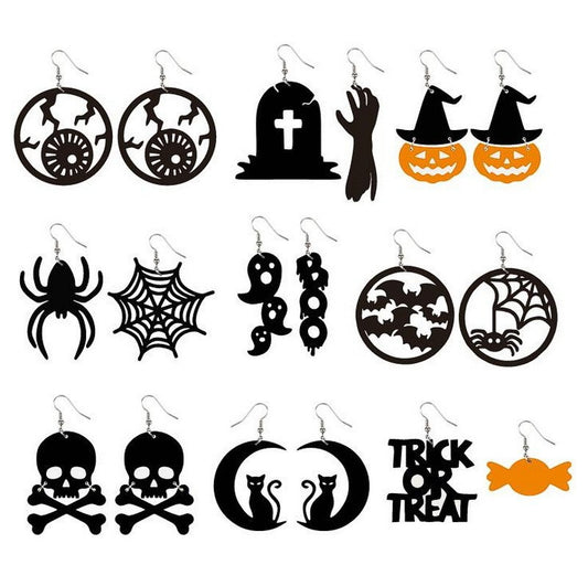 Pendientes góticos oscuros de Halloween con murciélago acrílico, calabaza, telaraña, fantasma, "boo", calavera y gato negro