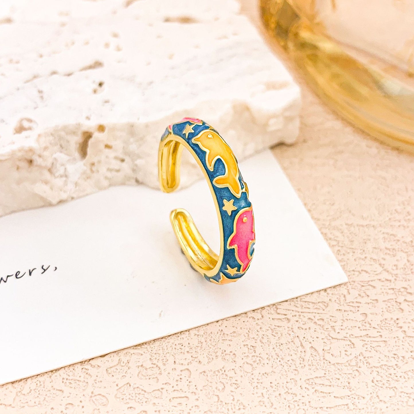 Vintage Sweet Floral Enamel Drip Oil Plated Alloy Adjustable Ring for Women