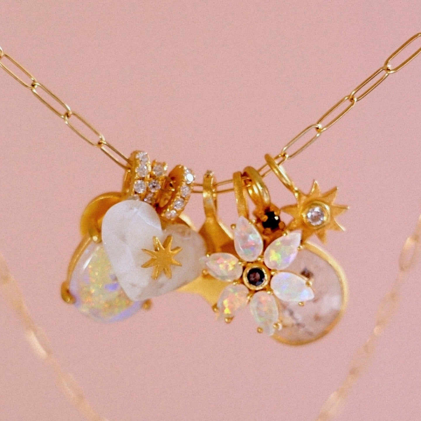 Elegant Gold Plated Brass Heart and Floral Jade Pendant Charm Bar Necklace for Unisex