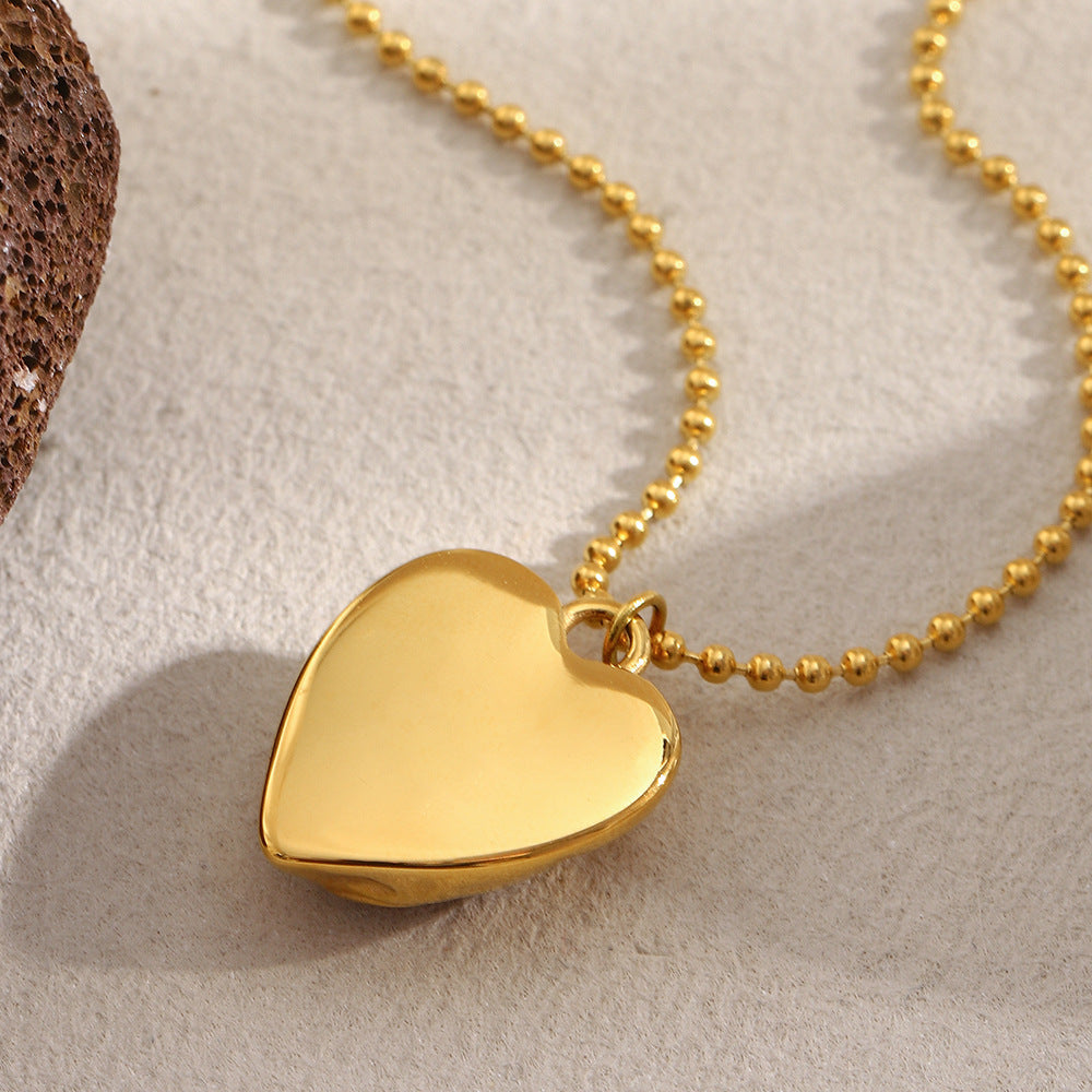 Luxury Vintage French-Style Stainless Steel 18K Gold Plated Ruby Heart Pendant Necklace with Beaded Chain