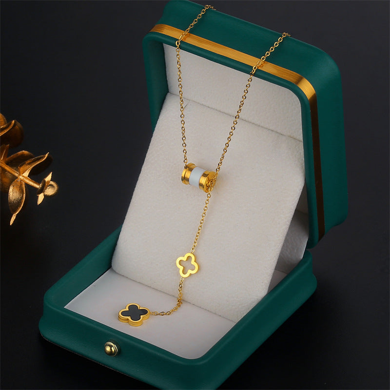 Minimalist Four-Leaf Clover Pendant Necklace in Titanium Steel with Gold Plating on Ball Chain for Women