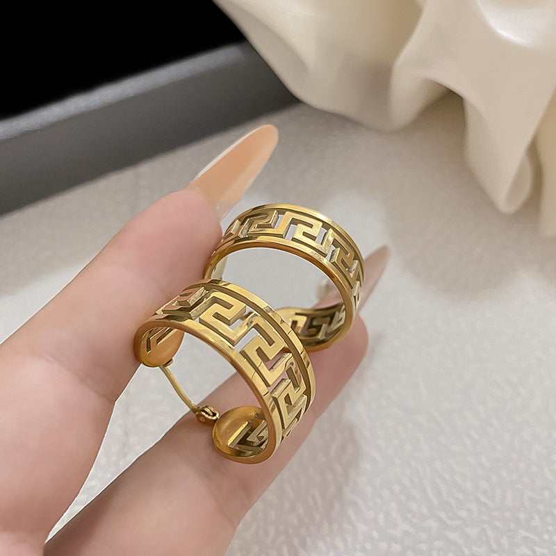 Vintage Geometric Hollow Great Wall Pattern Plated Brass Earrings for Women