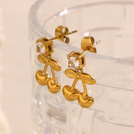 Cherry-Shaped Fashionable Stainless Steel Earrings with 18K Gold Plating and Zircon Accents for Women