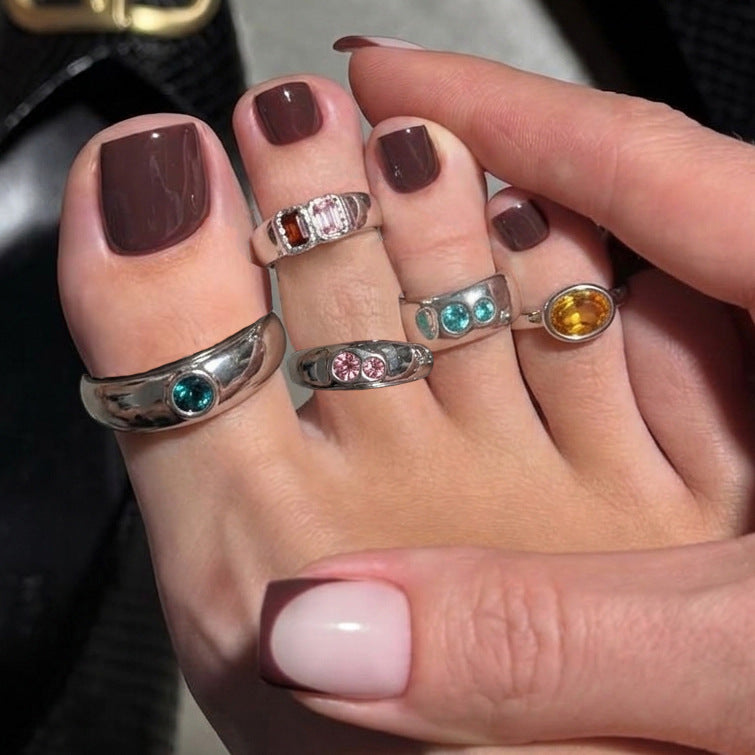 Minimalist Geometric Alloy Toe Ring Set with Rhinestone Inlay Polished Open Design for Women