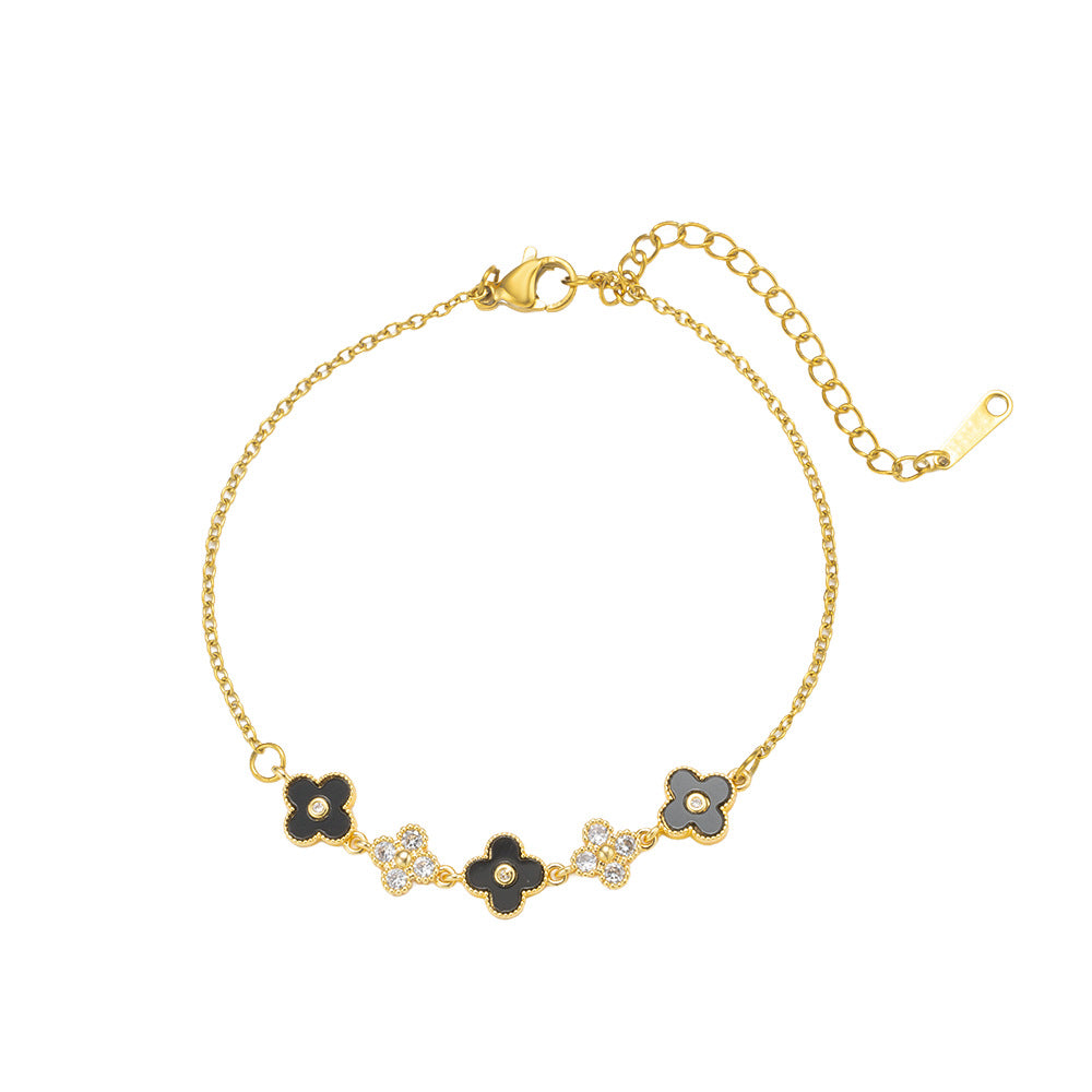 Luxury Minimalist Clover-Shaped Titanium Steel Necklace with Rhinestone Inlay for Women, Hypoallergenic Plated Clavicle Chain
