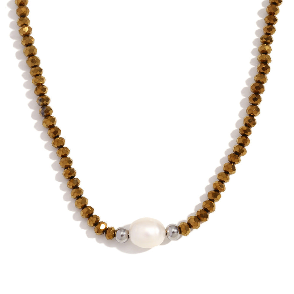 Collar con colgante vintage minimalista geométrico de acero inoxidable con perlas de agua dulce y cuentas de cristal oscuro para mujer