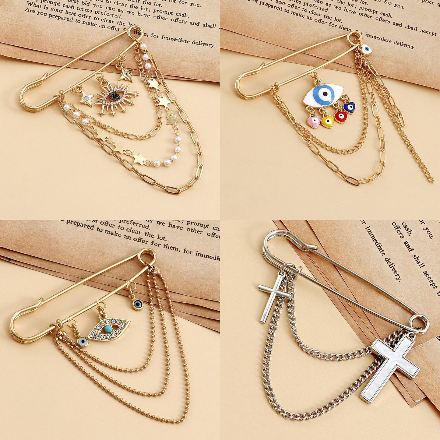 Vintage-Style Evil Eye Rhinestone-Embellished Geometric Brooch for Women with Tassel Detail