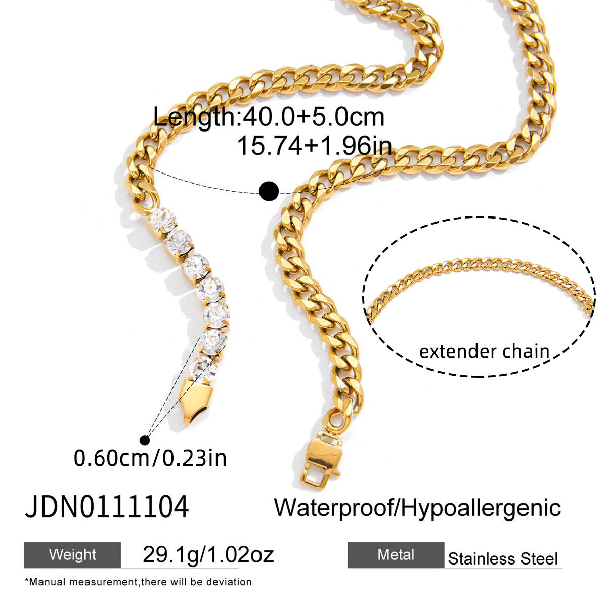 Set collana e bracciale in acciaio al titanio placcato oro 18 carati con strass rotondi geometrici alla moda da donna