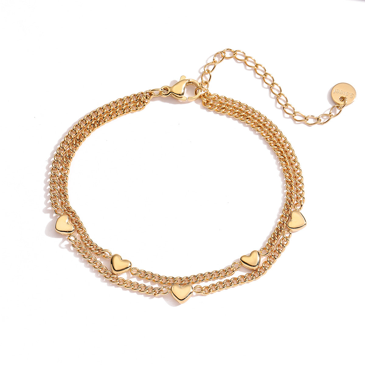 Fashionable Geometric Heart-Shaped Stainless Steel Bracelet for Women with 18K Gold Plating Dual-Layer Design
