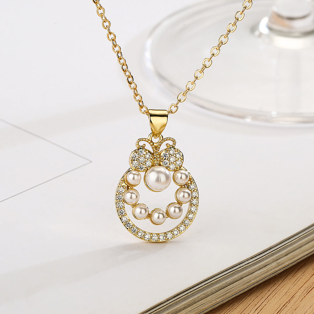 Butterfly-Shaped Copper Pendant Necklace for Women with Zircon and Pearl Accents, Minimalist Fashionable Clavicle Chain