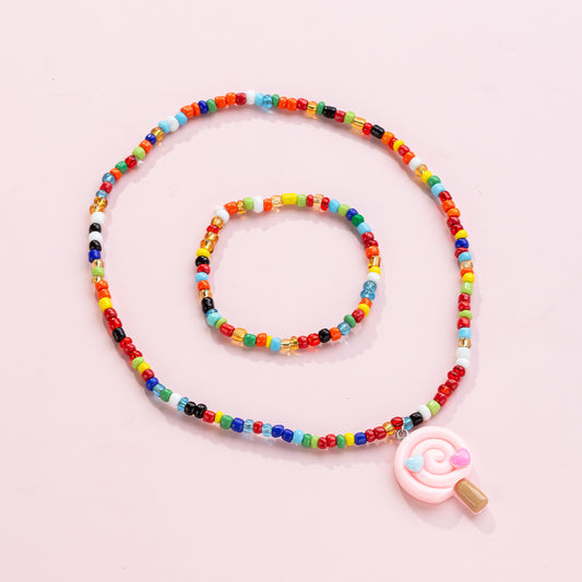 Cartoon Lollipop-Shaped Resin Necklace Set for Kids with Beaded Chain, Colorful Dopamine Summer Jewelry