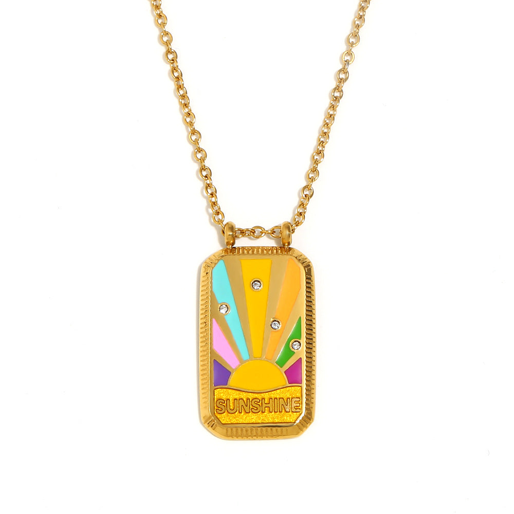 Vintage Elegant Geometric Square Stainless Steel Gold Plated Drip Oil Tarot Pendant Necklace for Women