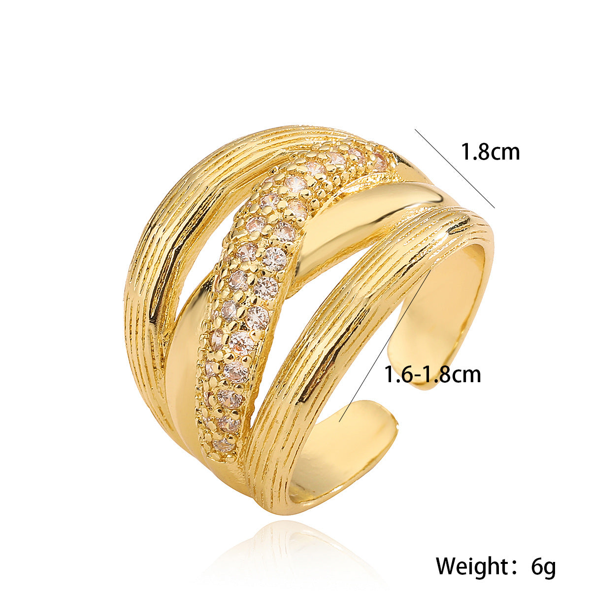 Vintage Irregular Geometric Copper Ring with 18K Gold Plating and Zircon Inlay for Women