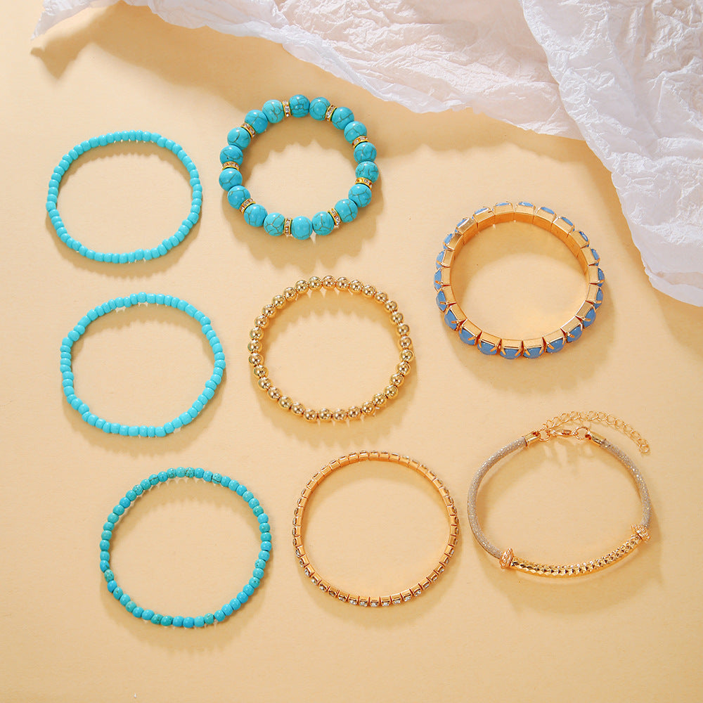 Bohemian Vintage Geometric Round Brass Bracelet Set with Turquoise and Rhinestone Beads
