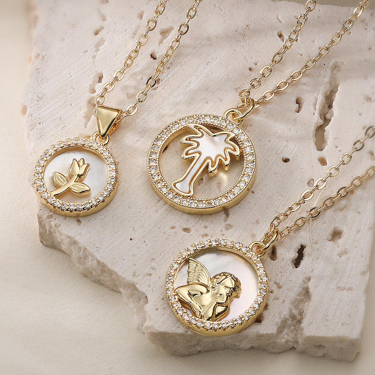 Minimalist 18K Gold Plated Brass Round Shell Flower Angel Pendant Necklace with Cubic Zirconia
