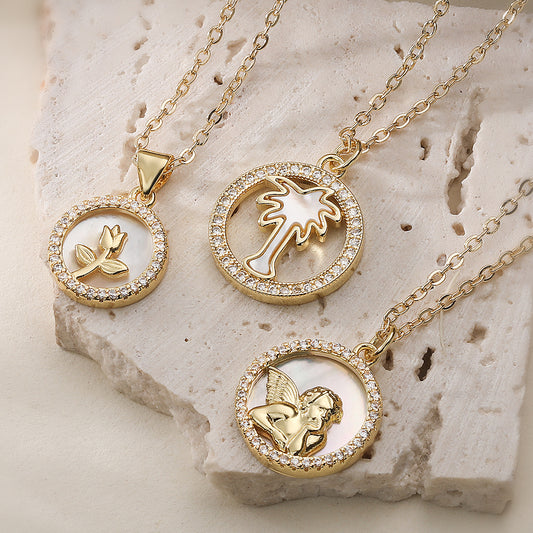 Minimalist 18K Gold Plated Brass Round Shell Flower Angel Pendant Necklace with Cubic Zirconia
