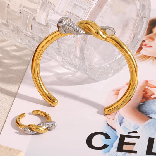 Pulsera Abierta de Nudo de Tornillo Retorcido de Acero Inoxidable con Baño de Oro de 18K para Mujer