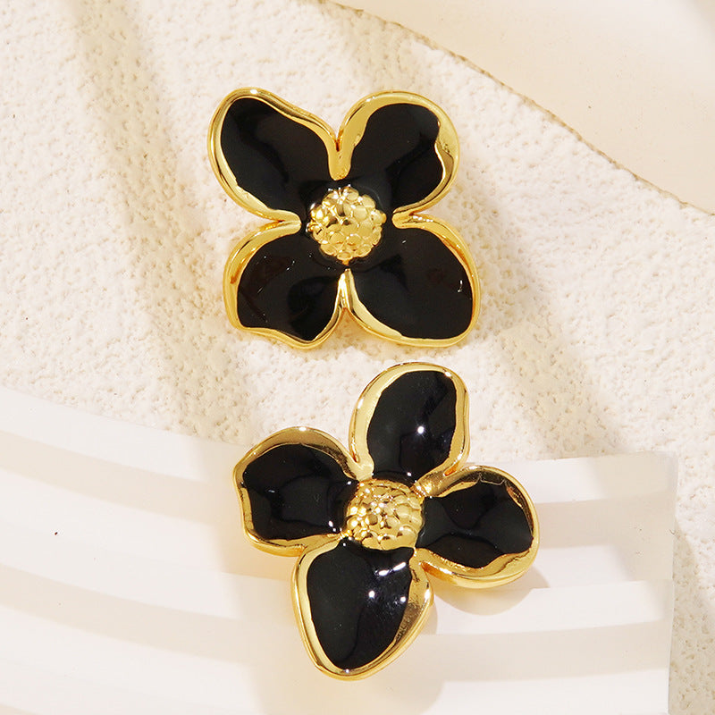 Vintage Sweet Floral Drip Oil Plated Titanium Steel Earrings for Women
