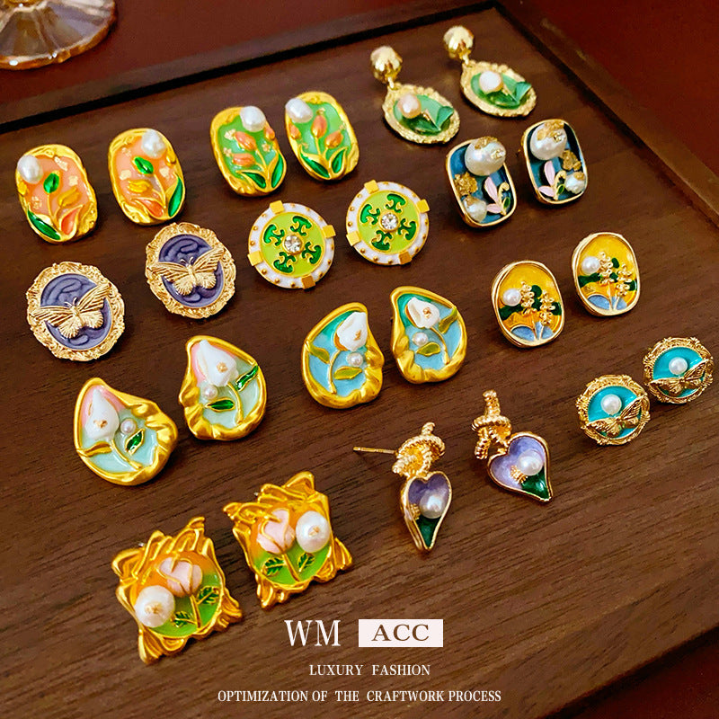 Vintage Floral and Geometric Enamel Earrings for Women with Gold-Plated Brass Base and Stainless Steel Posts