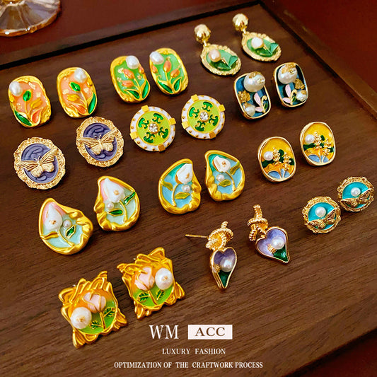 Vintage Floral and Geometric Enamel Earrings for Women with Gold-Plated Brass Base and Stainless Steel Posts