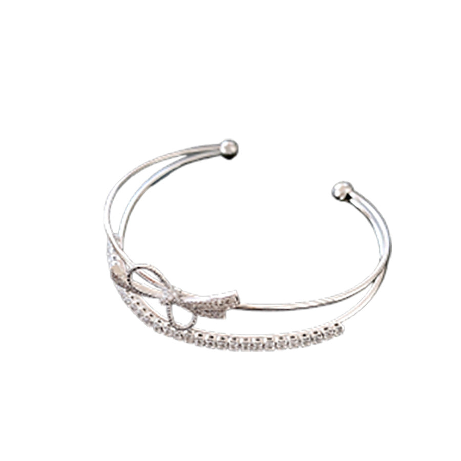 Minimalist Sweet Cubic Zirconia Inlaid Brass Bow Cuff Bracelet for Women
