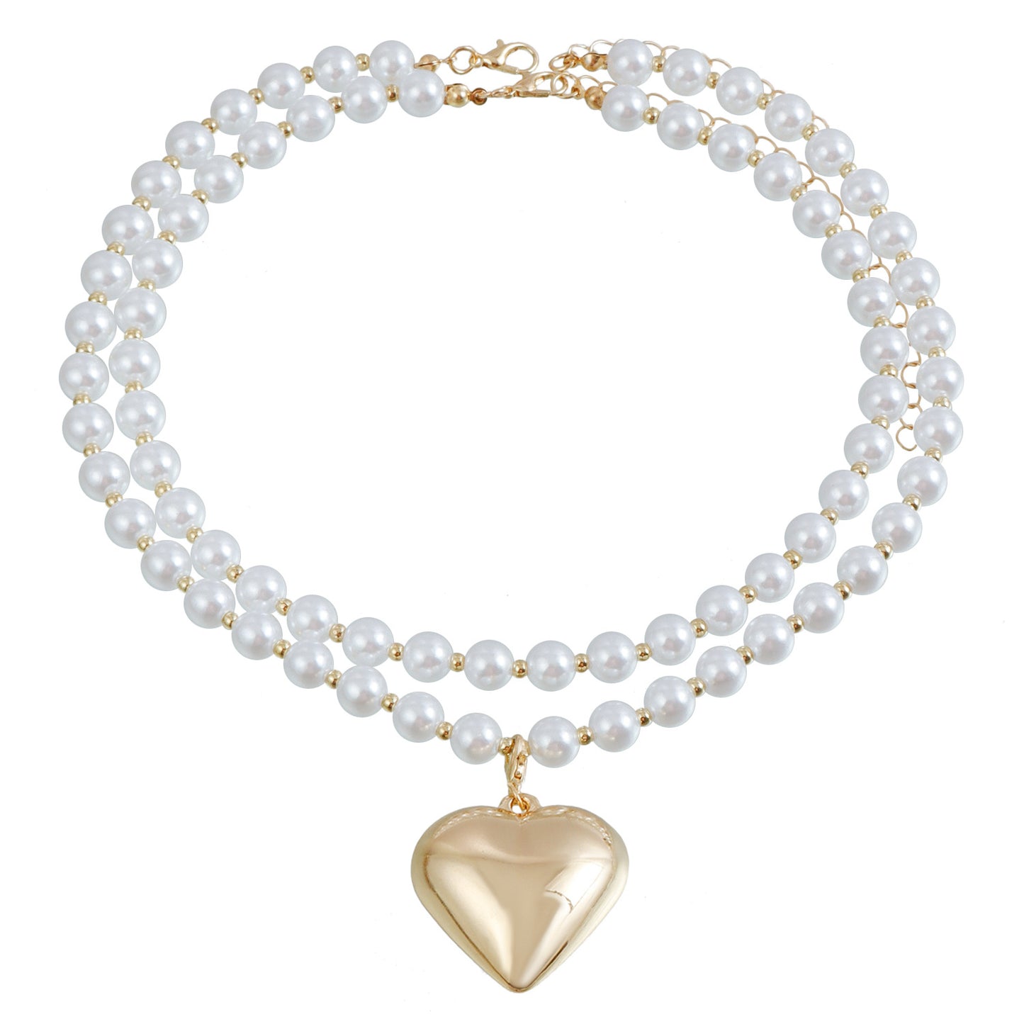 Minimalist Creative Pearl Necklace with Heart-Shaped Pendant, Electroplated Alloy Double-Layer Clavicle Chain for Women