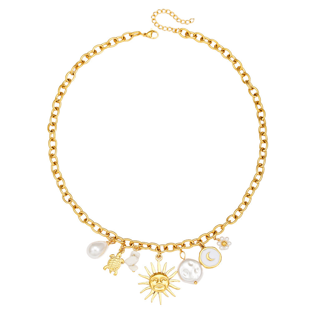 Ocean Style Geometric Star Shell Pendant Stainless Steel Cable Chain Necklace for Unisex