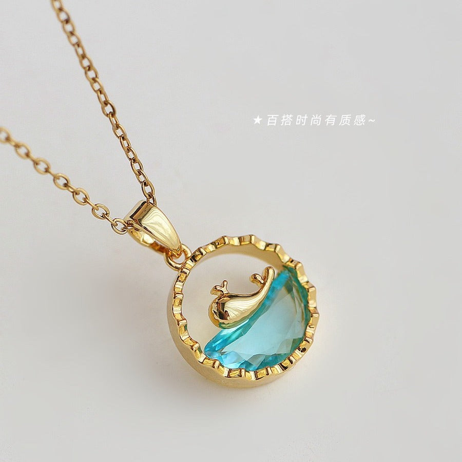 Original Design Whale and Dolphin Pendant Necklace in Titanium Steel with Gold Plating and Blue Ocean-Inspired Detail on O-Chain