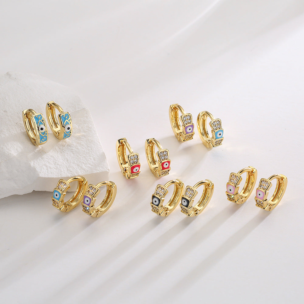 Minimalist Geometric Copper Earrings with Real Gold Plating and Enamel Eye Detail