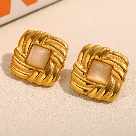 Orecchini a perno con occhi di gatto geometrici quadrati, stile vintage, in acciaio inossidabile placcato oro 18 carati per donna