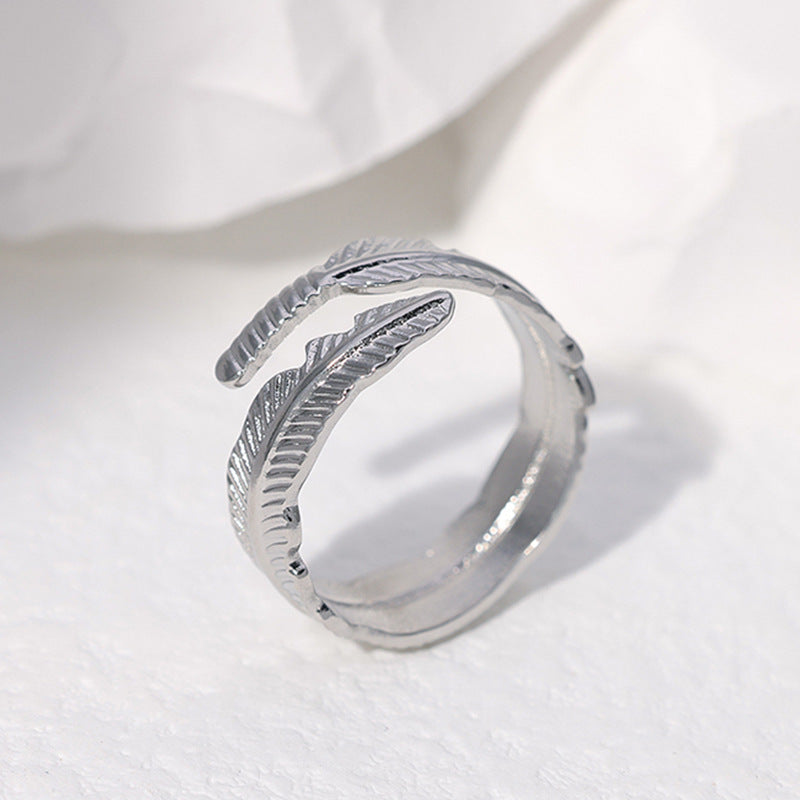 Minimalist Feather-Shaped Titanium Steel Adjustable Open Ring for Women with Plated Finish