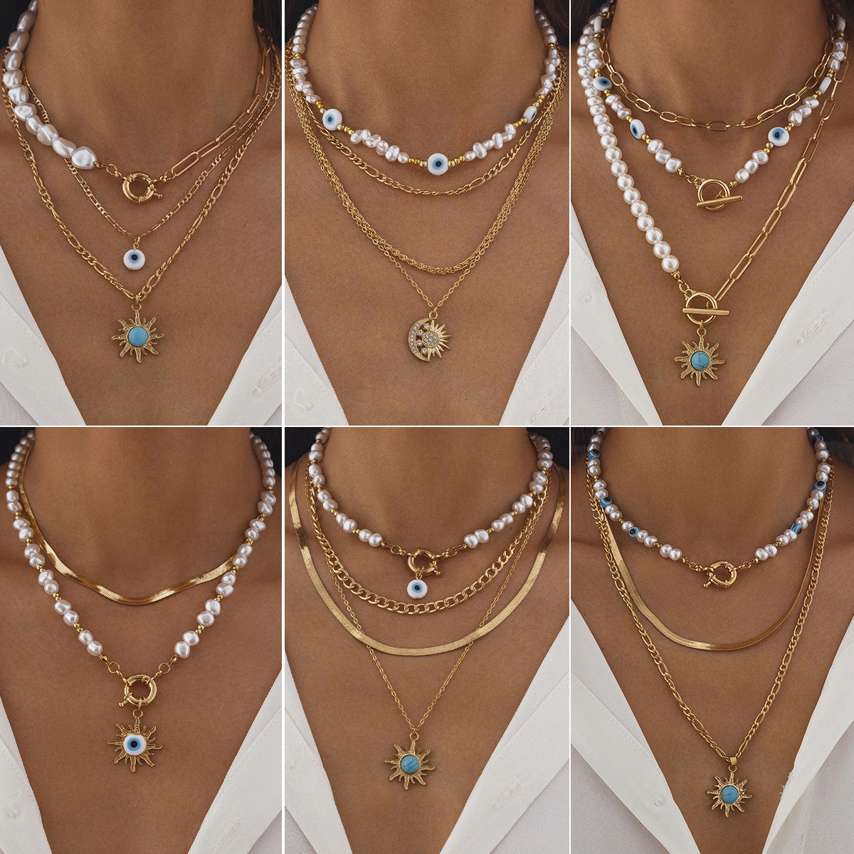 Collar con colgante vintage gótico de ojo turco con motivos solares, detalles de perlas irregulares y cadena de aleación multicapa con diseño geométrico