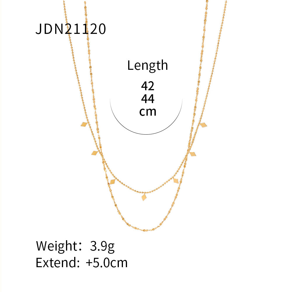 Minimalist INS Style Geometric Pendant Necklace with 18K Gold Plated Stainless Steel Double Layer Tassel Chain for Women