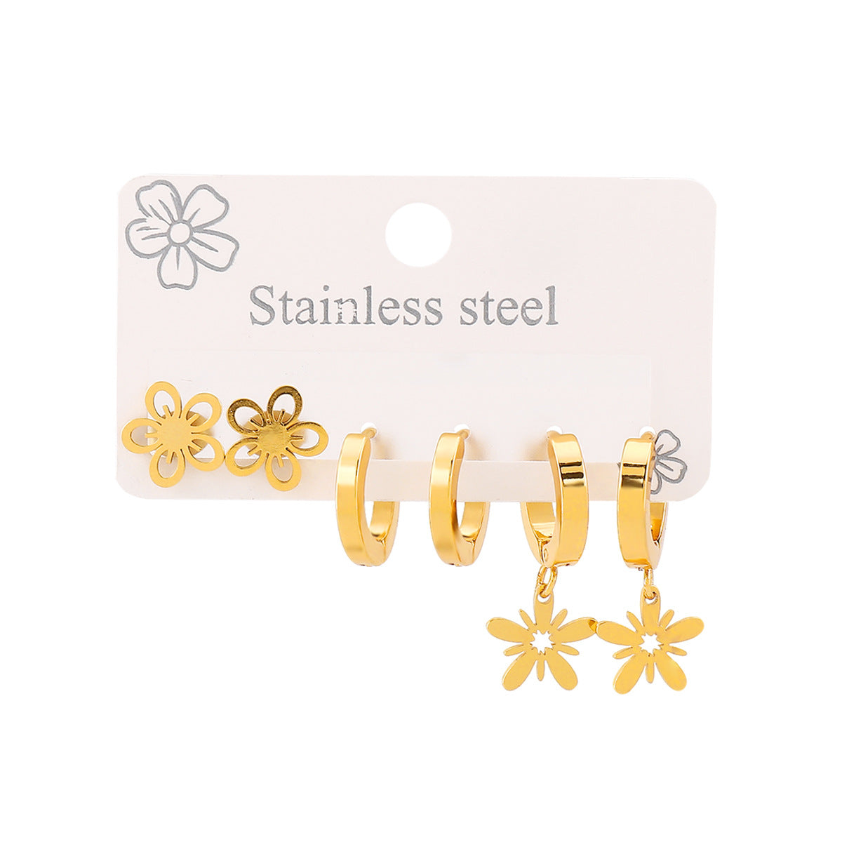 Minimalist Stainless Steel Star Heart Floral Hoop Earrings with Hollow Design and Plated Finish