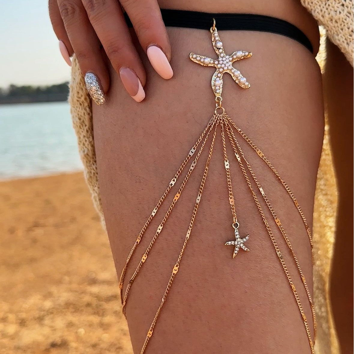 Casual Marine Starfish Alloy Plated Leg Chain with Tassel and Elastic Band