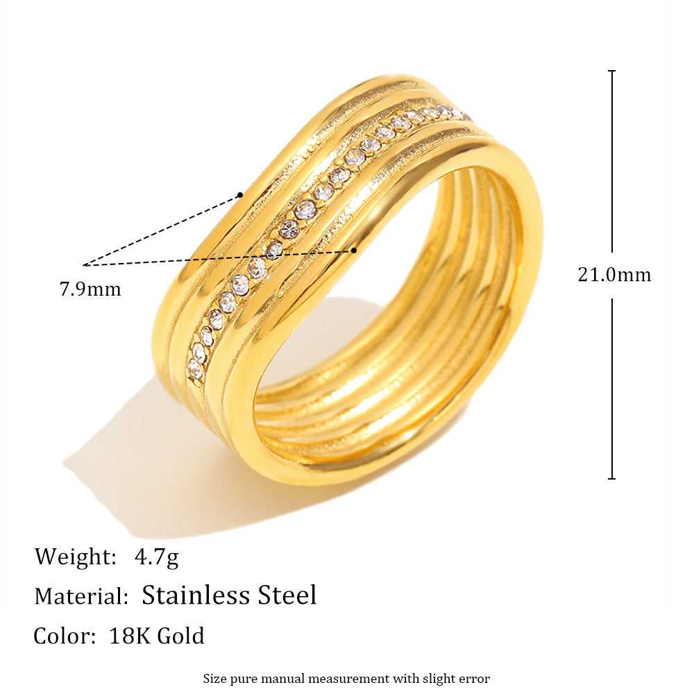 Fashionable Heart-Shaped Stainless Steel Ring with 18K Gold Plating, Hollow Star and Beaded Edge Design, Multi-Layer Zircon Accent, Office-Appropriate Minimalist Jewelry for Women
