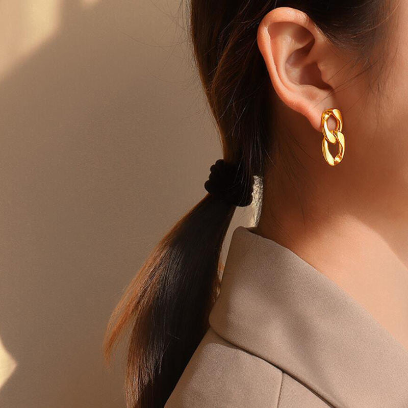 Irregular Geometric Shape 18K Gold-Plated Titanium Steel Earrings for Women with U-Shaped Design and Chain Detail