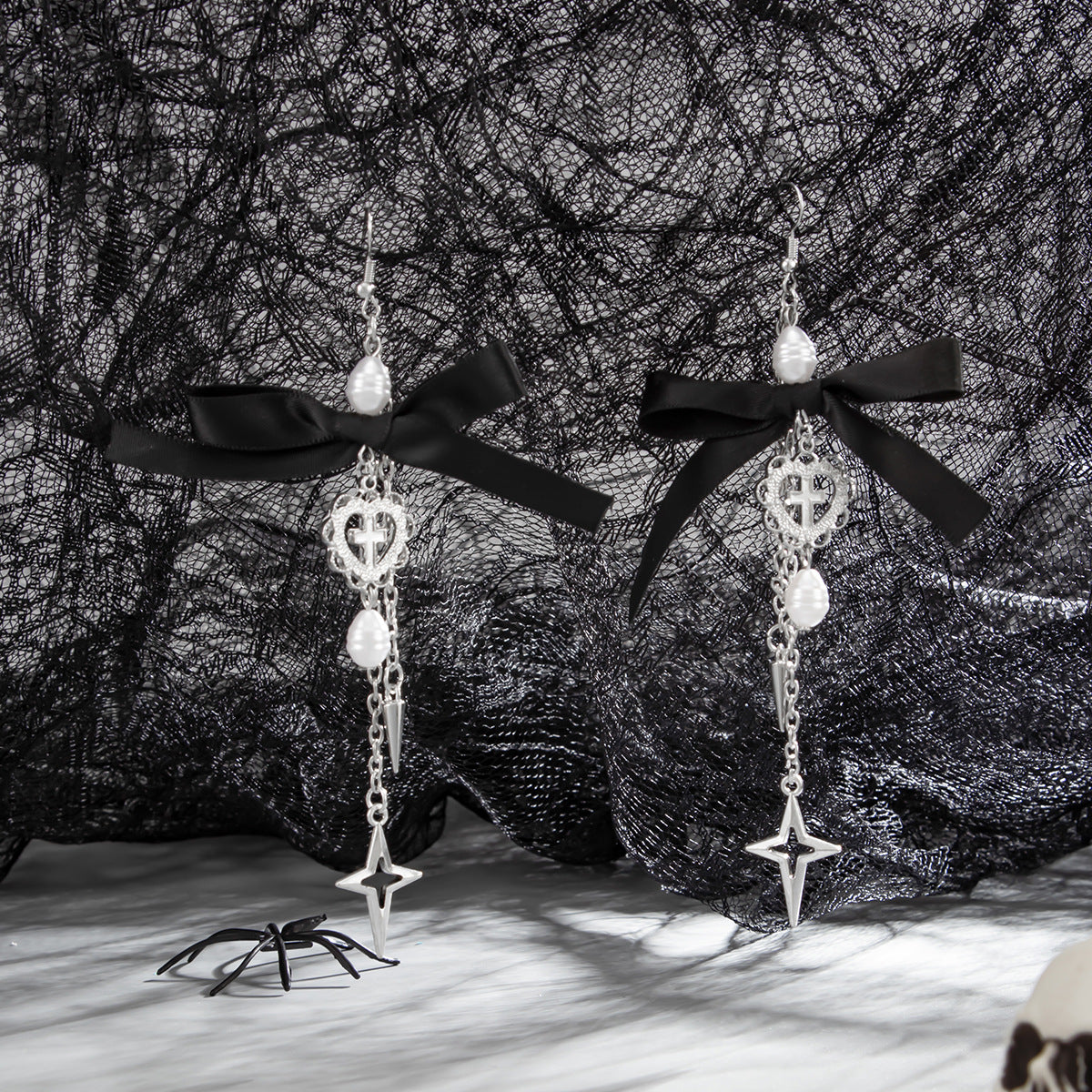 Gothic Lolita Style Heart and Bow Shaped Earrings with Pearlized Finish and Long Tassel Dangle