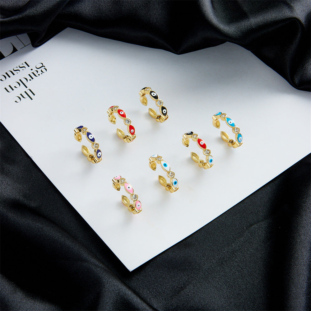 Anello Aperto con Occhio di Allah Geometrico Casual da Donna con Base in Rame Placcata in Oro 18 carati e Zirconia Micro-Incastonata con Finitura Smaltata